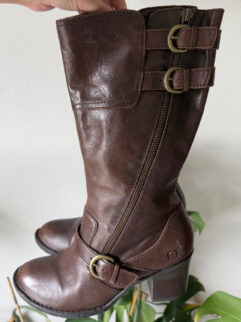 Born Treddy Boots Leather Moto Style Mid Calf Flannel Lined B72006 Brown Sz 9